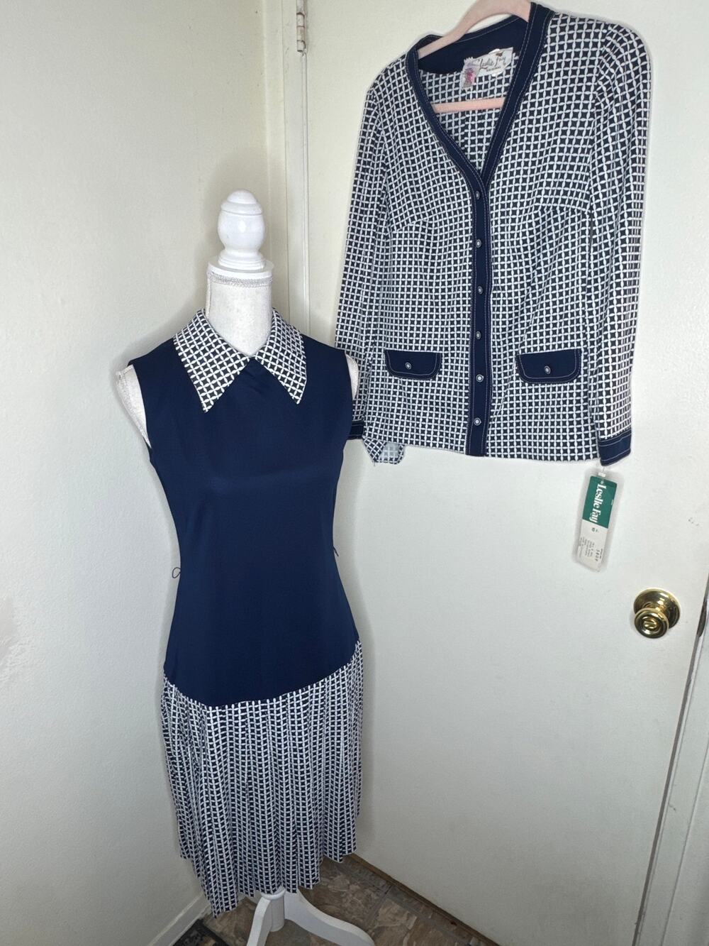VTG 1970s Leslie Fay 2pc Dress Set NWT Geometric Pleated ILGWU USA Drop Waist 10